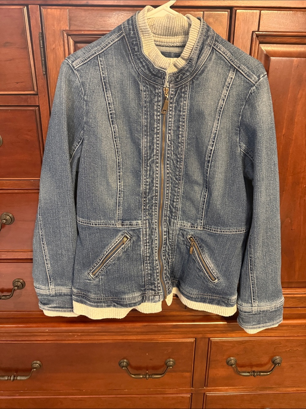 Live a Little Blue Denim Jacket with Gray Knit Trim, L